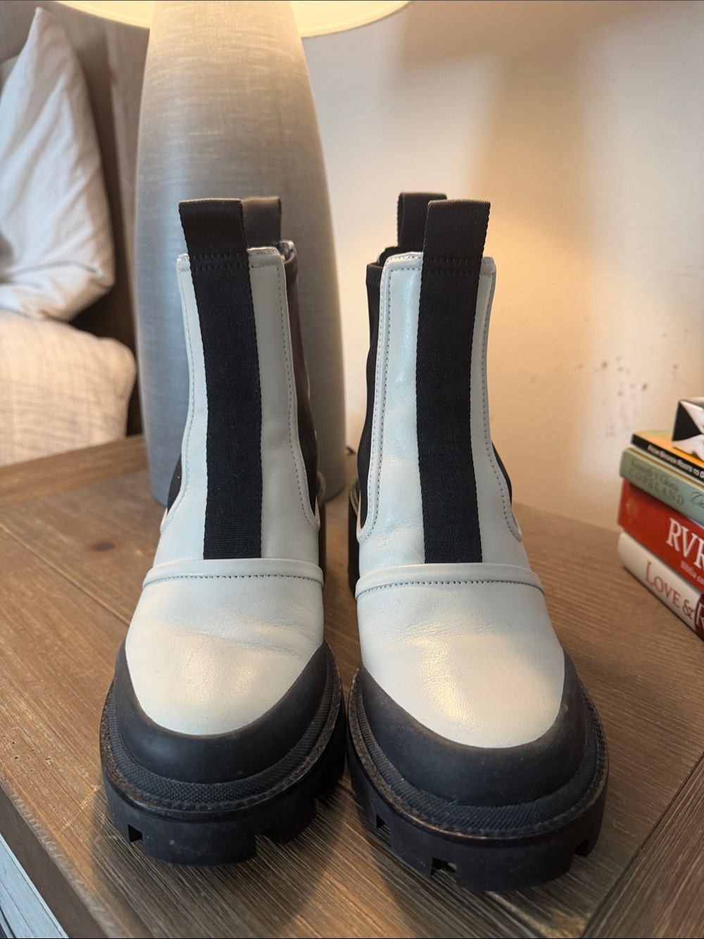 Tory Burch Cream and Black Lug Chelsea Boots